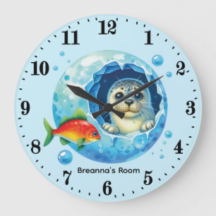 Cute baby seal unisex add name nursery large clock