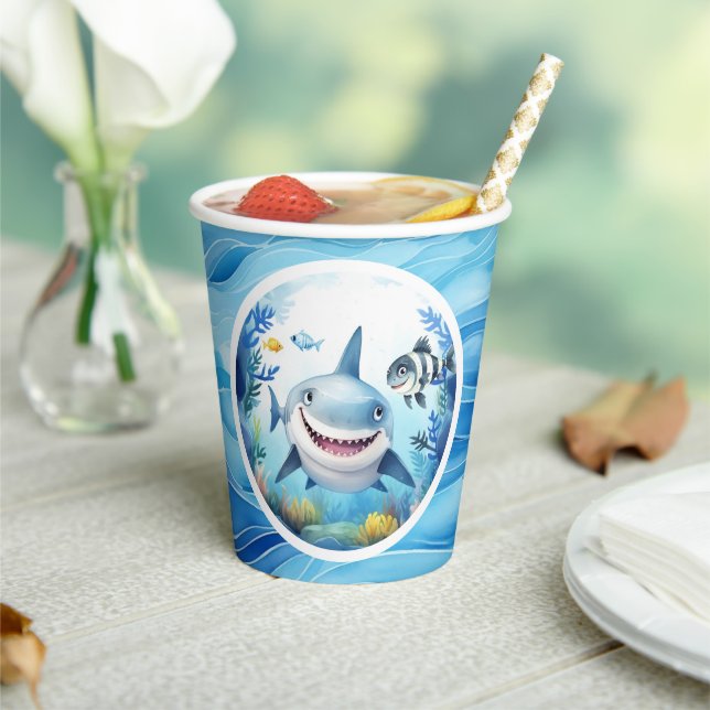 Cute Baby Shark Fish Under the Sea Birthday Boy Paper Cups (Insitu)