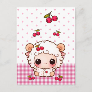 Cute baby sheep with kawaii cherries postcard