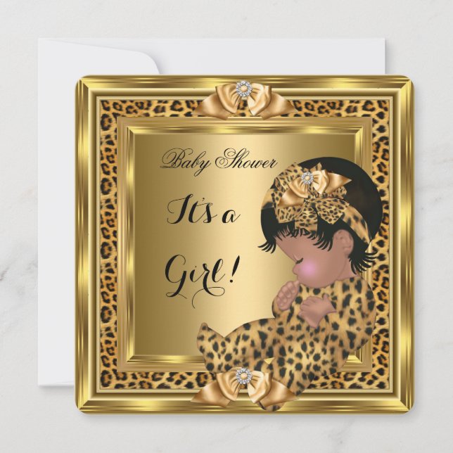 Cute Baby Shower Baby Girl Leopard Gold Frame Invitation (Front)