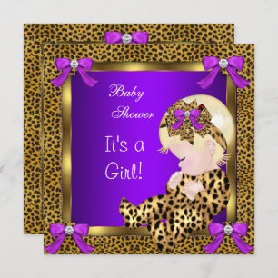 Cute Baby Shower Baby Girl Leopard Purple Gold 3 Invitation