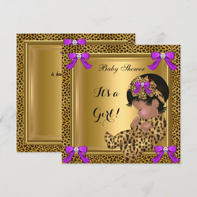 Cute Baby Shower Baby Girl Leopard Purple Gold 4 Invitation (Front/Back)