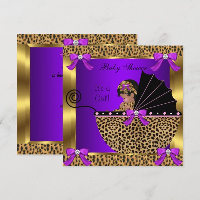 Cute Baby Shower Baby Girl Leopard Purple Gold Invitation (Front/Back)