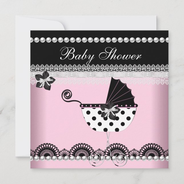Cute Baby Shower Baby Girl Pink Black Pearl Invitation (Front)