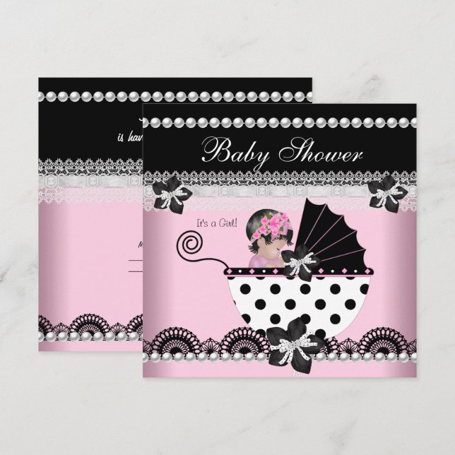 Cute Baby Shower Baby Girl Pink Black Pearl Invitation (Front/Back)