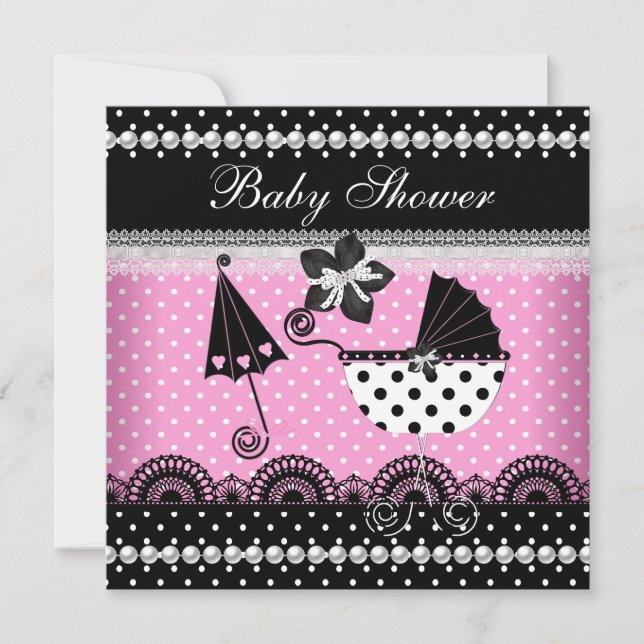 Cute Baby Shower Baby Girl Pink Black Spot Invitation (Front)