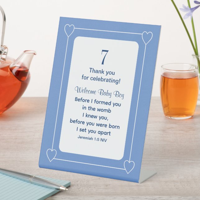 Cute Baby Shower Bible Verse Christian Blue Party Pedestal Sign (In SItu)