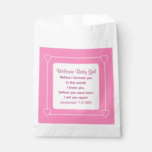 Cute Baby Shower Bible Verse Pink Party Favour Bags (Front)