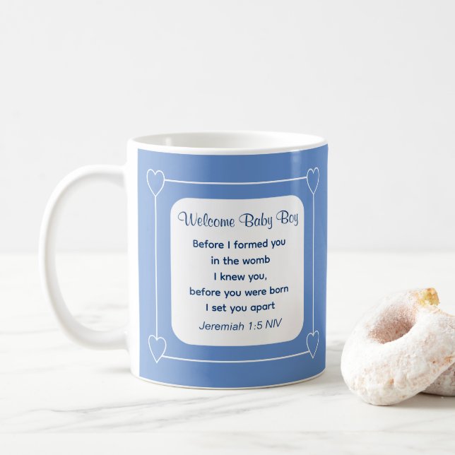 Cute Baby Shower Bible Verse Striped Blue Party Coffee Mug (With Donut)