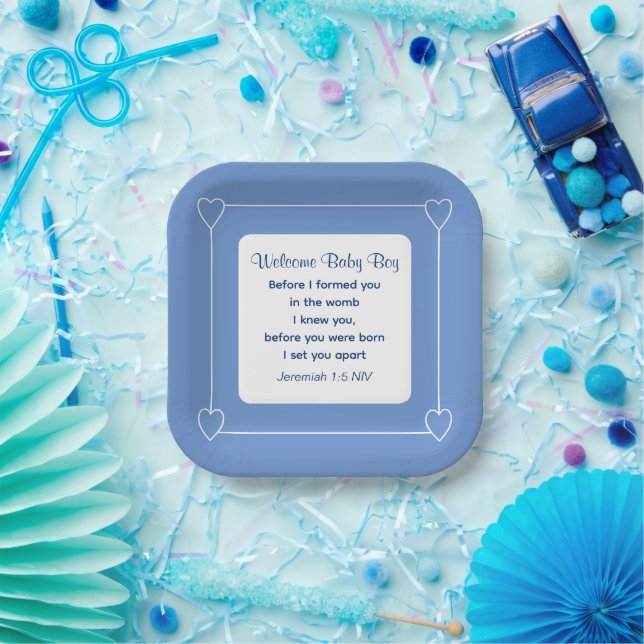 Cute Baby Shower Bible Verse Striped Blue Party Paper Plate (Party)