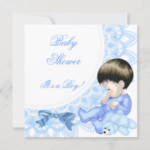 Cute Baby Shower Boy Baby Blue White Invitation