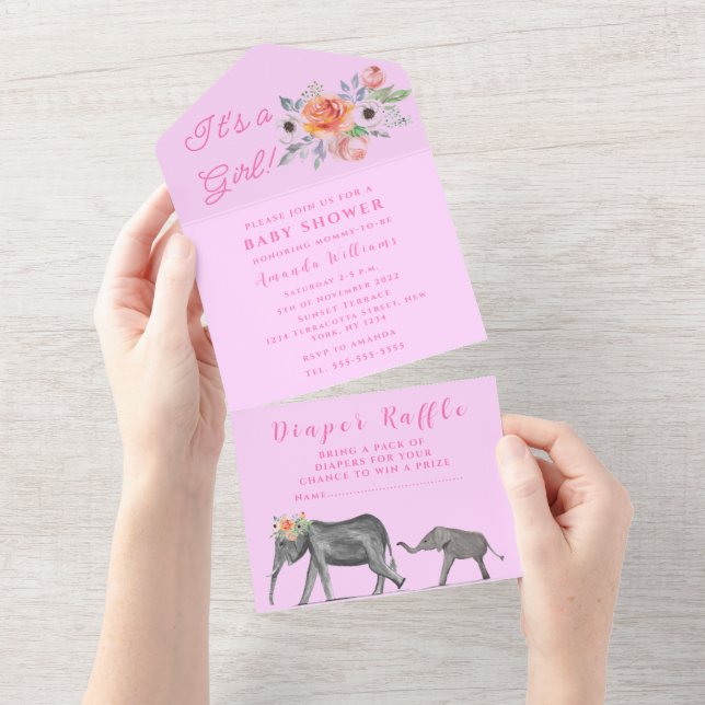 Cute Baby Shower Elephant It's a Girl Floral Pink  All In One Invitation (Tearaway)