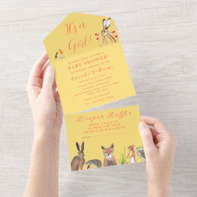 Cute Baby Shower Fox Hare It's a Girl Floral  All In One Invitation (Tearaway)