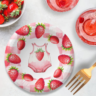 Cute Baby Shower Gingham Strawberry Picnic Retro Paper Plate