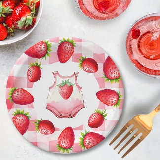 Cute Baby Shower Gingham Strawberry Vintage Paper Plate