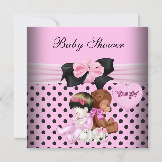 Cute Baby Shower Girl Baby Pink Black Polka Dots Invitation (Front)