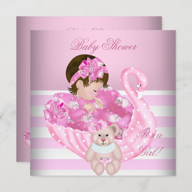 Cute Baby Shower Girl Baby Pink White Swan Invitation (Front/Back)