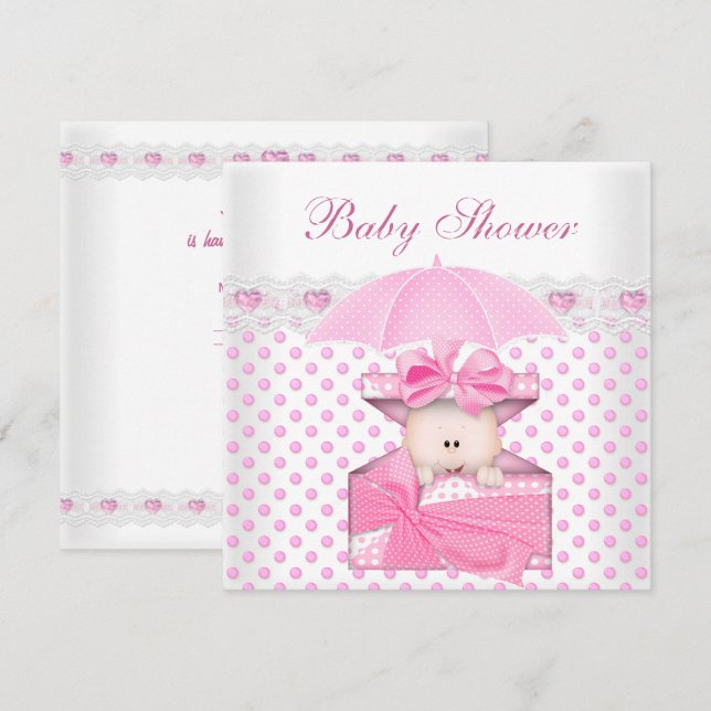 Cute Baby Shower Girl Baby White Pink Polka Dot Invitation (Front/Back)