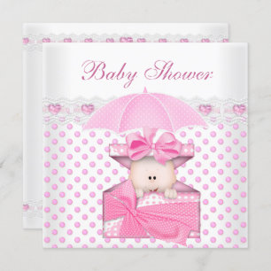 Cute Baby Shower Girl Baby White Pink Polka Dot Invitation