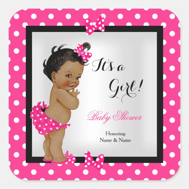 Cute Baby Shower Girl Hot Pink Black Ethnic Square Sticker (Front)
