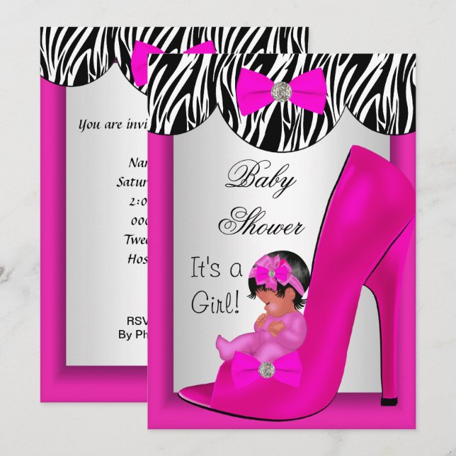 Cute Baby Shower Girl Hot Pink Ethnic Baby Shoe 2E Invitation (Front/Back)