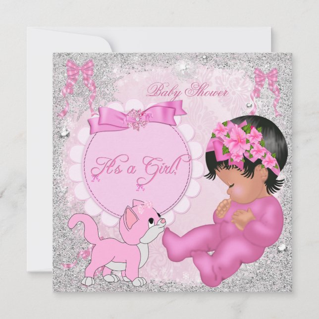 Cute Baby Shower Girl Kitten Pink Snowflakes Invitation (Front)
