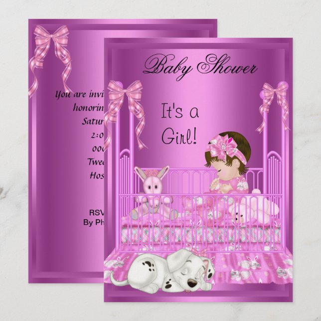 Cute Baby Shower Girl Pink Cot Puppy Toys Invitation (Front/Back)