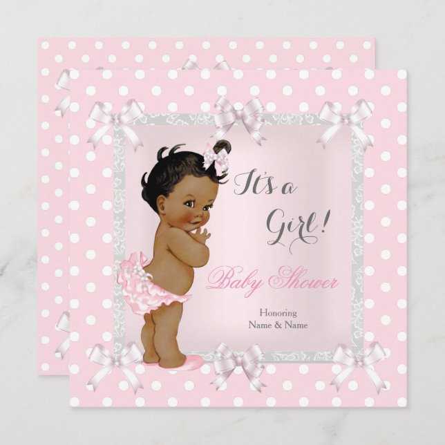 Cute Baby Shower Girl Pink Grey Ethnic Invitation (Front/Back)