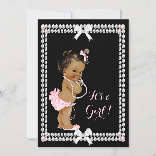 Cute Baby Shower Girl Pink Pearls Black Ethnic Invitation (Front)