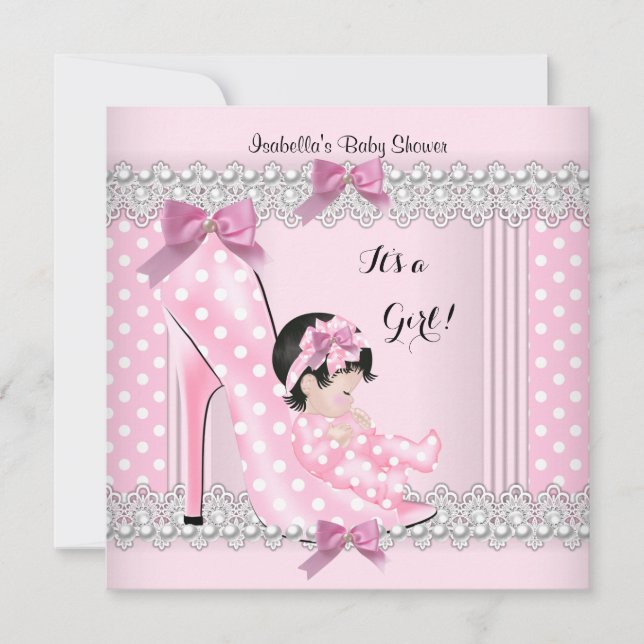 Cute Baby Shower Girl Pink Polka Dots High Heel 2 Invitation (Front)