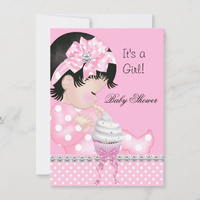 Cute Baby Shower Girl Pink Spots Cupcake Invitation (Front)