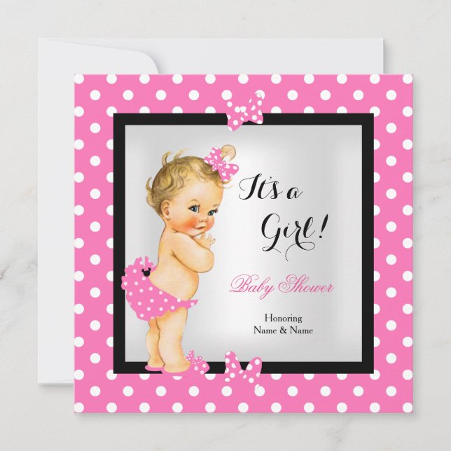 Cute Baby Shower Girl Pretty Pink Black Blonde Invitation (Front)