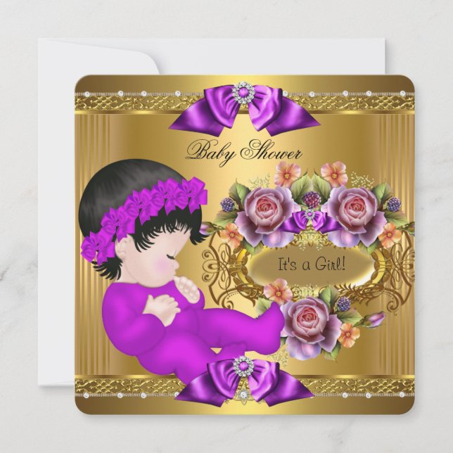 Cute Baby Shower Girl Purple Pink Gold Roses Invitation (Front)