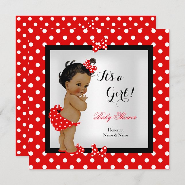 Cute Baby Shower Girl Red Black Ethnic Invitation (Front/Back)