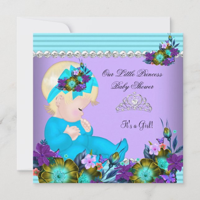 Cute Baby Shower Girl Teal Blue Purple Blonde Invitation (Front)