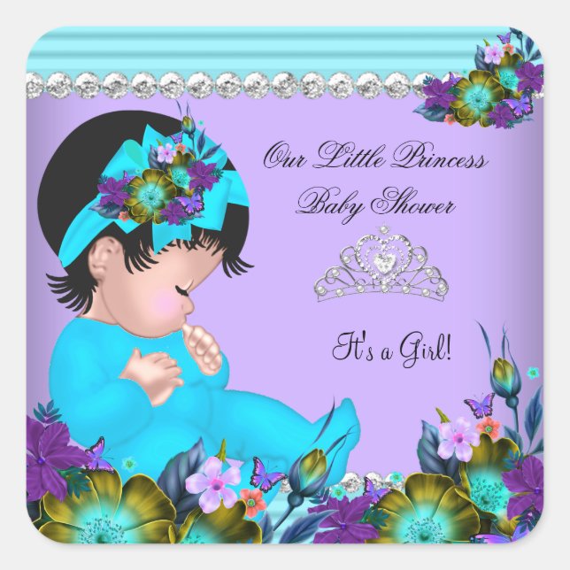 Cute Baby Shower Girl Teal Blue Purple Square Sticker (Front)