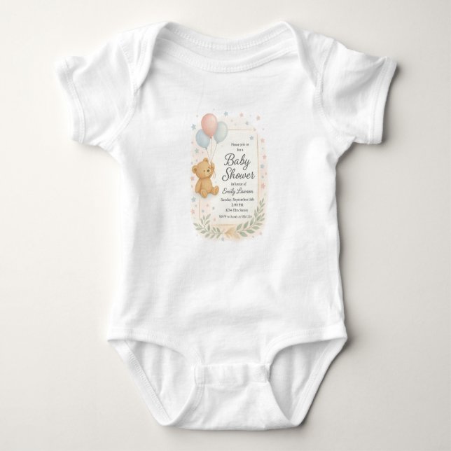 Cute Baby Shower Invitation – Teddy Bear & Balloon Baby Bodysuit (Front)