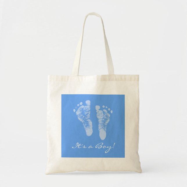 Cute Baby Shower Its a Boy Blue Baby Footprints Tote Bag (Front)