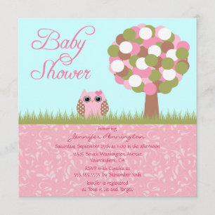 Cute baby shower pink owl tree party invitation