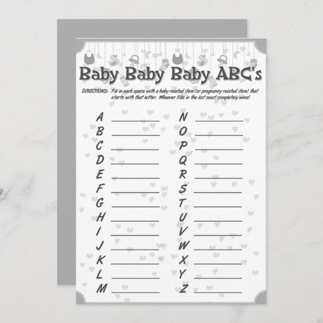 cute baby shower unisex abc game invitation (Front/Back)