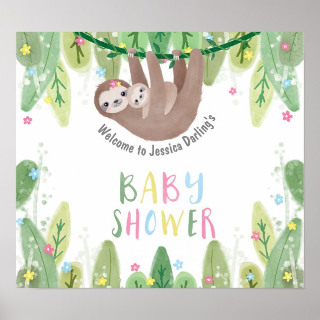 Cute baby shower welcome sloth with mum and baby poster (Front)