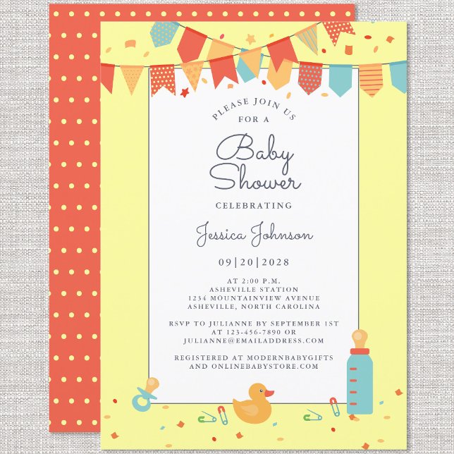 Cute Baby Shower Yellow Red Teal Banner Flags Invitation (Creator Uploaded)
