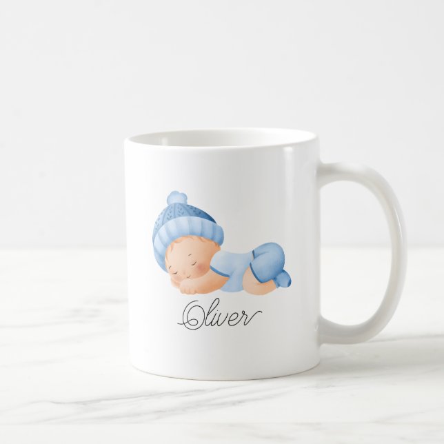 Cute Baby Sleeping Boy Blue Personalised Name Coffee Mug (Right)
