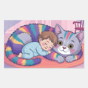 Cute Baby Sleeping on a Giant Rainbow Fluffy Cat Rectangular Sticker