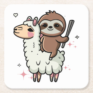 Cute Baby Sloth and Llama Square Paper Coaster