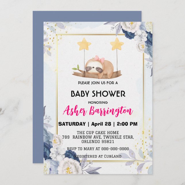 Cute Baby sloth asleep Timber flower baby shower  Invitation (Front/Back)