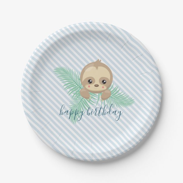 Cute Baby Sloth Birthday Party Paper Plates (Front)