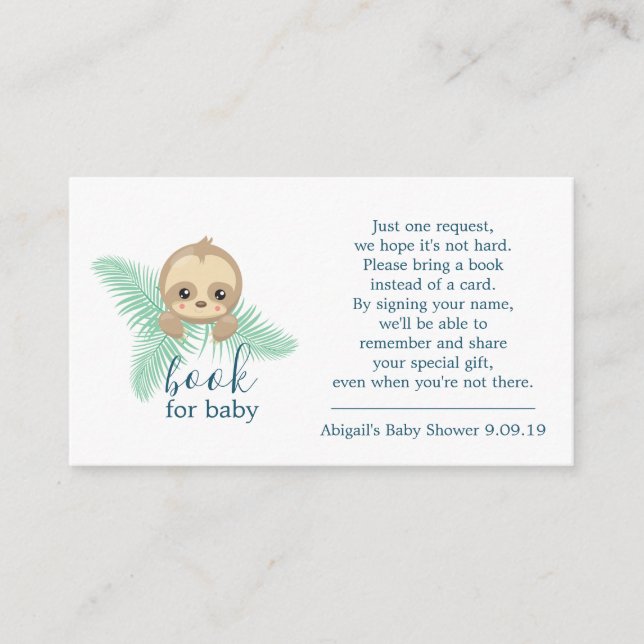 Cute Baby Sloth Book Request Baby Shower Enclosure Card (Front)