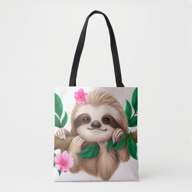 Cute Baby Sloth Hanging in a Tree  Tote Bag (Front)