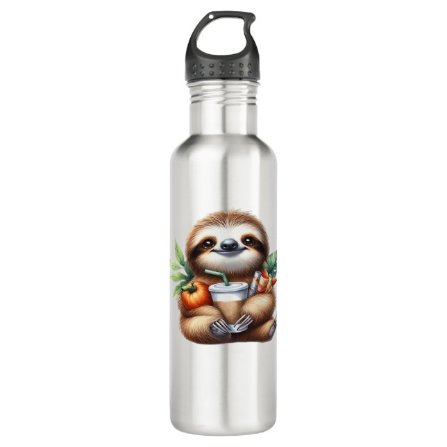 Cute Baby Sloth with Pumpkin Coffee and Pancakes w 710 Ml Water Bottle (Front)